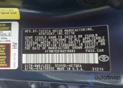 2016 Toyota Avalon Xle z USA, uszkodzony, nr VIN 4T1BK1EB1GU216683